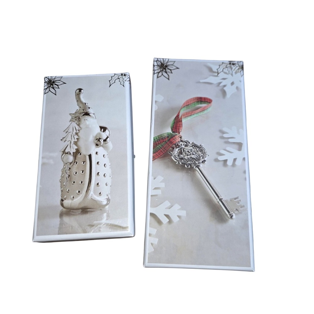 Pier 1 Imports Silver Santa Figurine & Santa Key Ornament Set Boxed Christmas
